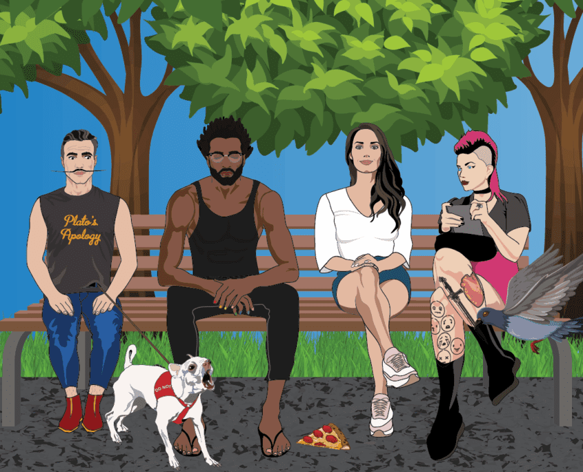 fall25_Park04a People sitting on a park bench. Two center figures are at ease.