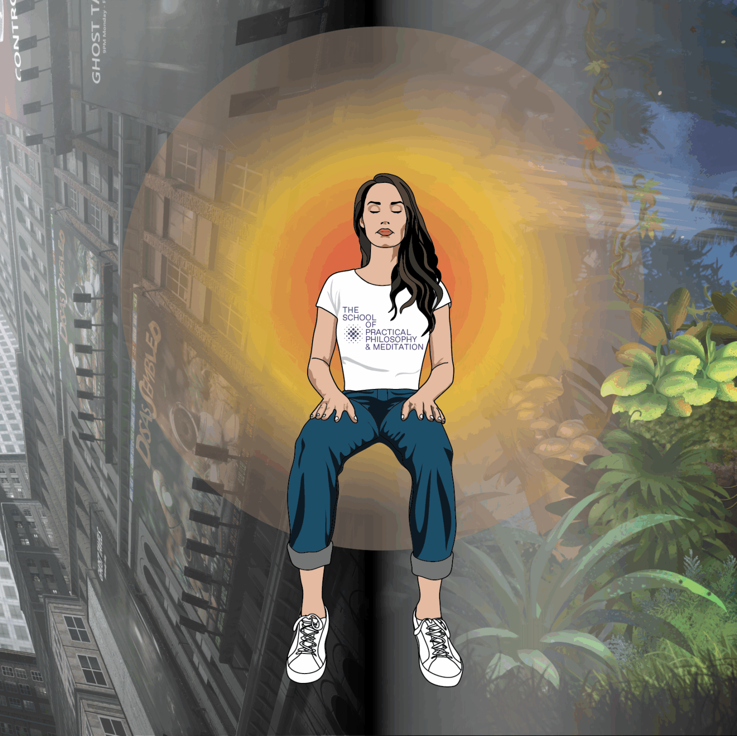 Human being meditating surrounded by a glowing aura